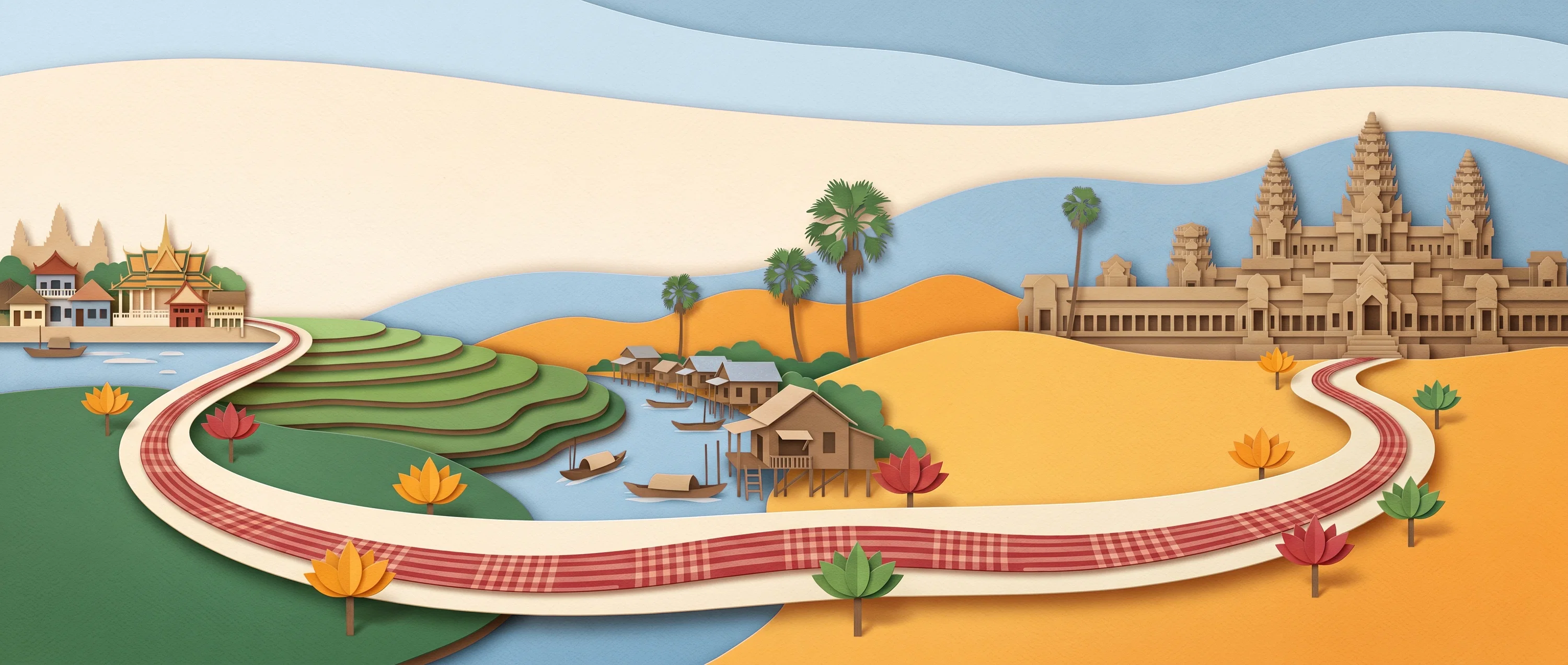 Paper-cut panorama of the road from Phnom Penh to Angkor